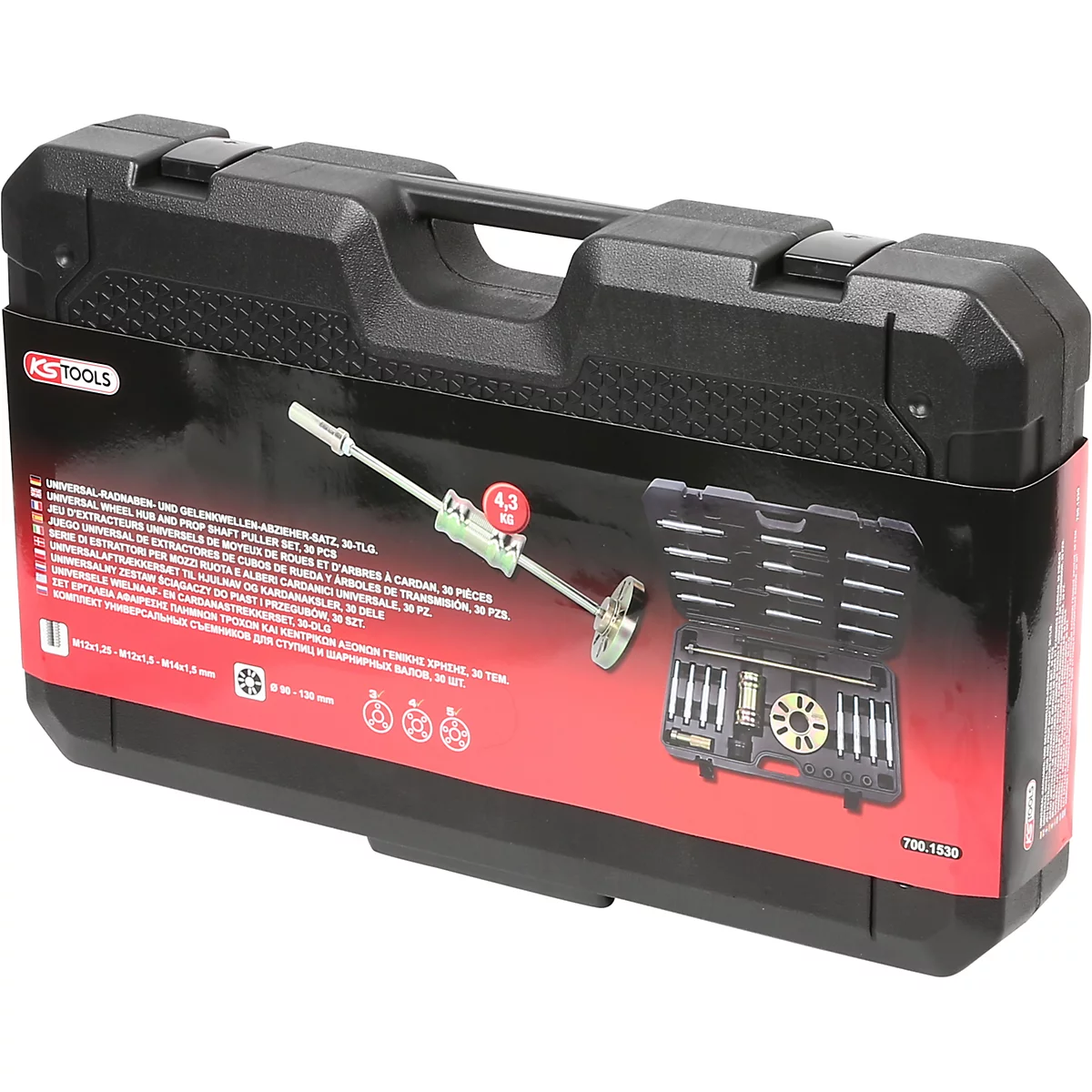 Schwarzer Werkzeugkasten mit Werkzeugen, auf rotem Hintergrund mit weißer Schrift. Geöffneter Kasten mit Werkzeugen im Detail.